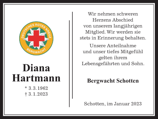 Traueranzeige von Diana Hartmann von Kreis-Anzeiger