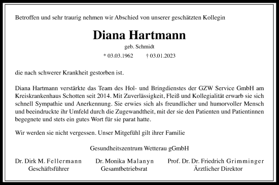 Traueranzeige von Diana Hartmann von Kreis-Anzeiger