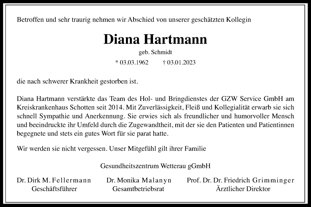  Traueranzeige für Diana Hartmann vom 21.01.2023 aus Kreis-Anzeiger