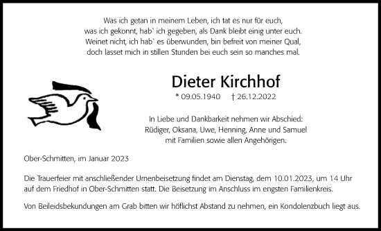 Traueranzeige von Dieter Kirchhof von Kreis-Anzeiger