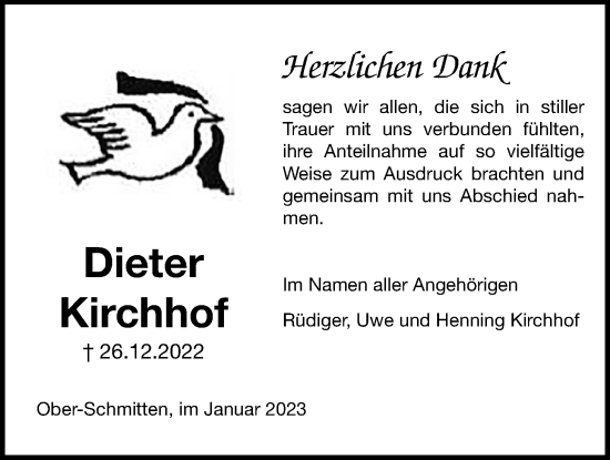 Traueranzeige von Dieter Kirchhof von Kreis-Anzeiger