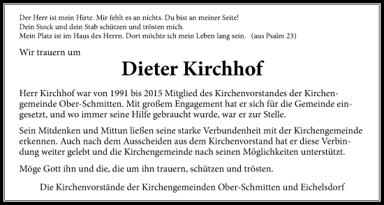 Traueranzeige von Dieter Kirchhof von Kreis-Anzeiger
