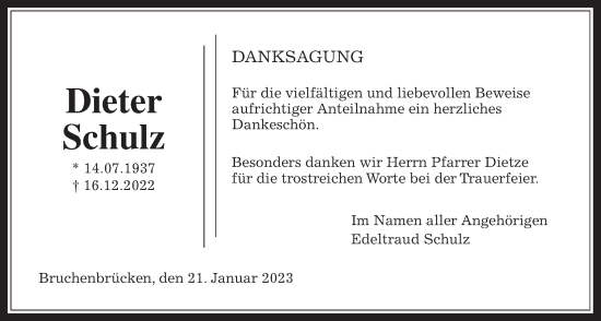 Traueranzeige von Dieter Schulz von Wetterauer Zeitung