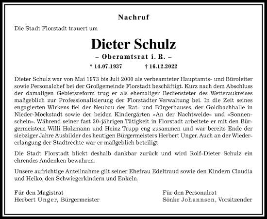 Traueranzeige von Dieter Schulz von Wetterauer Zeitung, Kreis-Anzeiger