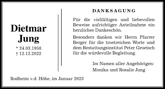 Traueranzeige von Dietmar Jung von Wetterauer Zeitung