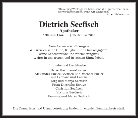 Traueranzeige von Dietrich Seefisch von Alsfelder Allgemeine