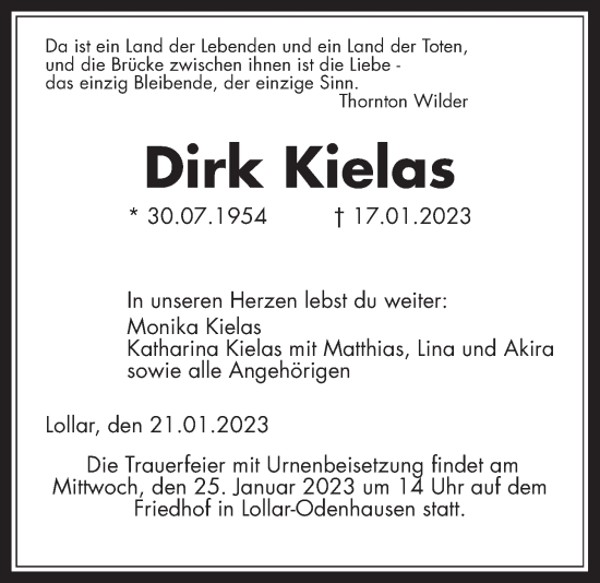 Traueranzeige von Dirk Kielas von Giessener Anzeiger, Giessener Allgemeine, Alsfelder Allgemeine