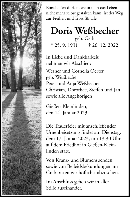 Traueranzeige von Doris Weßbecher von Giessener Allgemeine, Alsfelder Allgemeine, Giessener Anzeiger