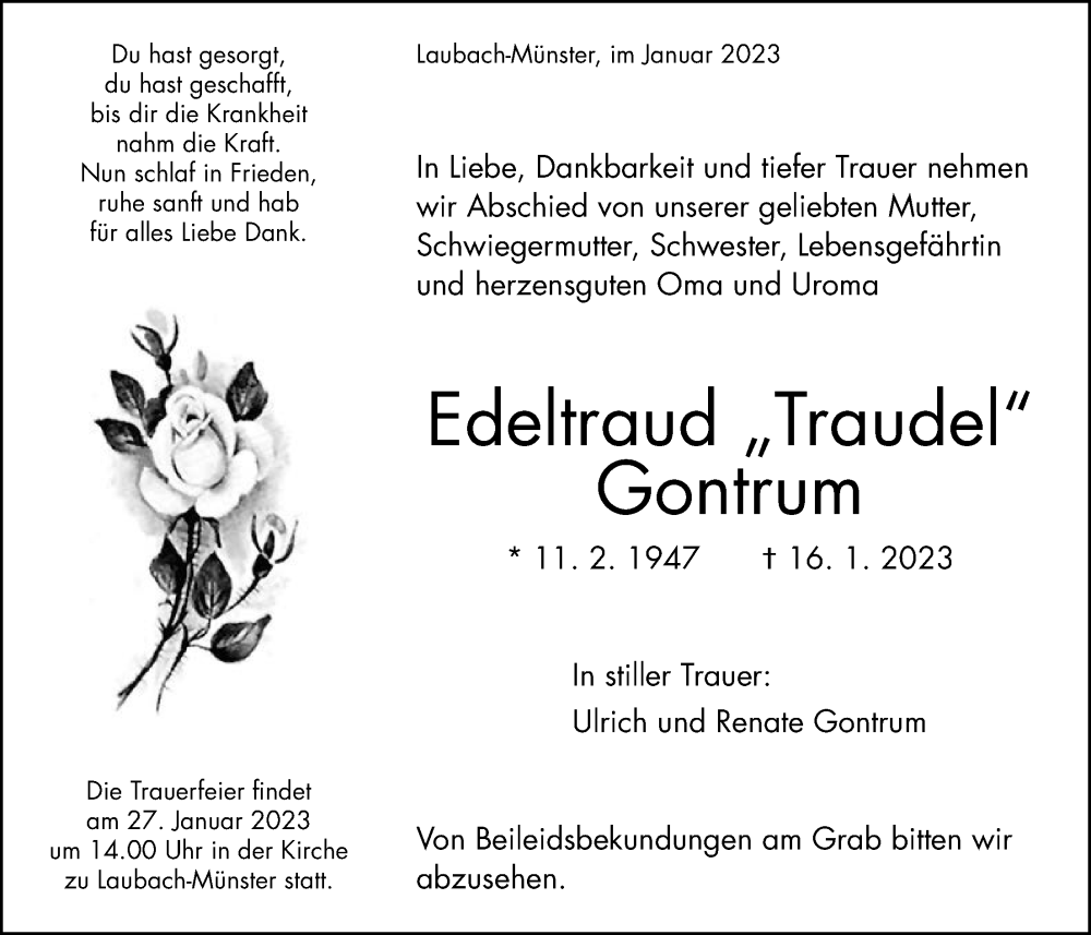  Traueranzeige für Edeltraud Gontrum vom 25.01.2023 aus Giessener Allgemeine, Alsfelder Allgemeine, Laubacher Anzeiger