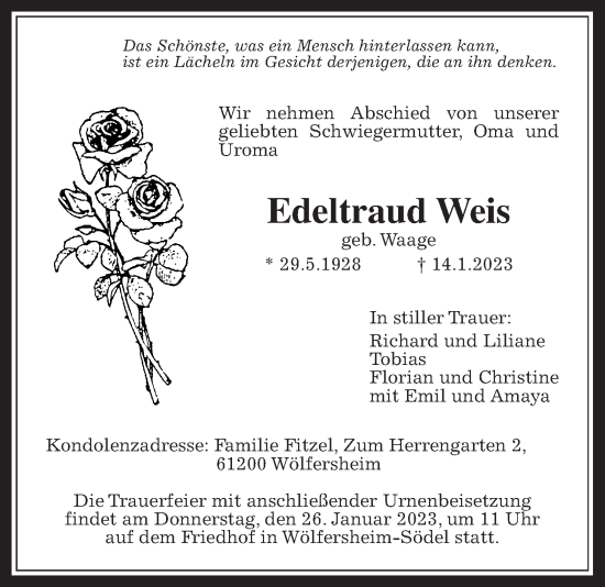 Traueranzeige von Edeltraud Weis von Wetterauer Zeitung