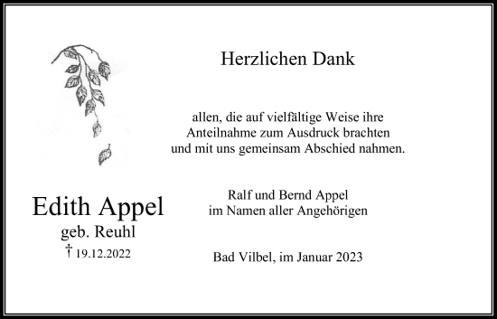 Traueranzeige von Edith Appel von Bad Vilbel/Karben