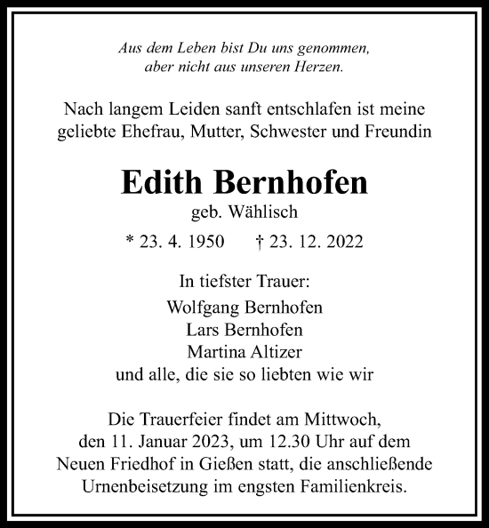 Traueranzeige von Edith Bernhofen von Giessener Anzeiger, Giessener Allgemeine, Alsfelder Allgemeine
