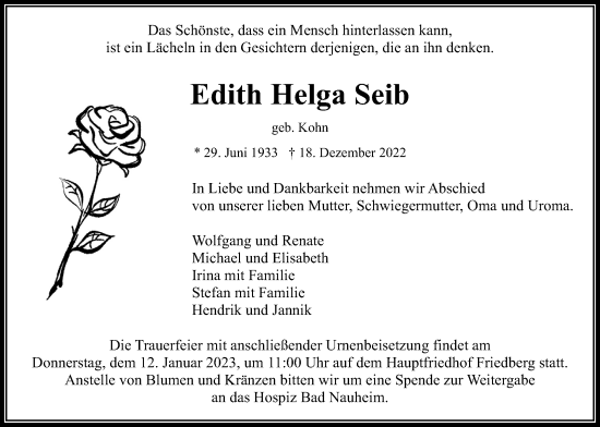 Traueranzeige von Edith Helga Seib von Wetterauer Zeitung