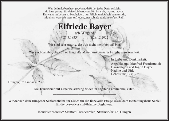 Traueranzeige von Elfriede Bayer von Giessener Allgemeine, Alsfelder Allgemeine, Giessener Anzeiger