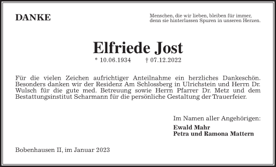 Traueranzeige von Elfriede Jost von Alsfelder Allgemeine