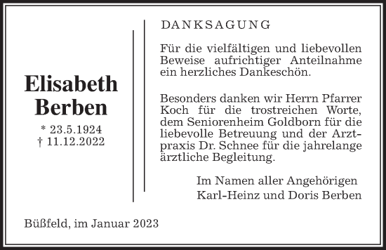Traueranzeige von Elisabeth Berben von Alsfelder Allgemeine