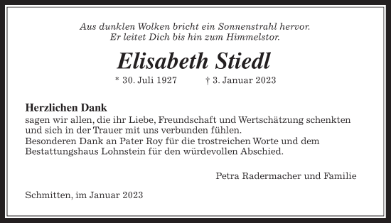 Traueranzeige von Elisabeth Stiedl 