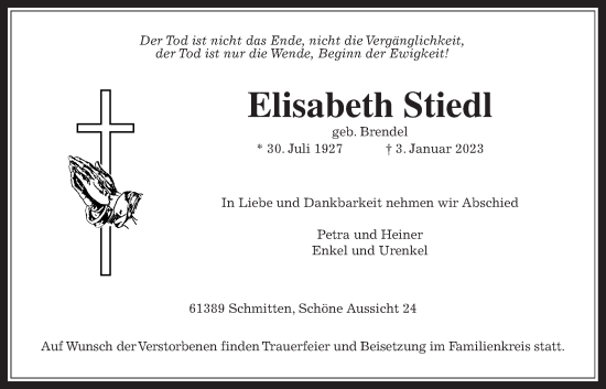 Traueranzeige von Elisabeth Stiedl 