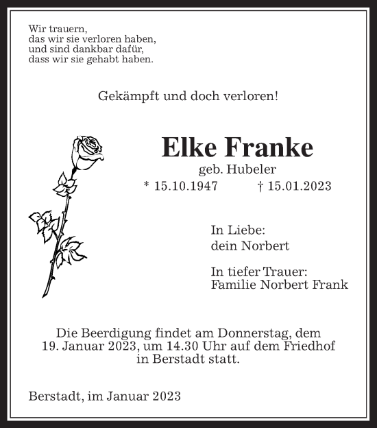 Traueranzeige von Elke Franke von Wetterauer Zeitung