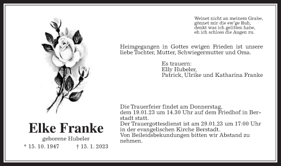 Traueranzeige von Elke Franke von Wetterauer Zeitung, 