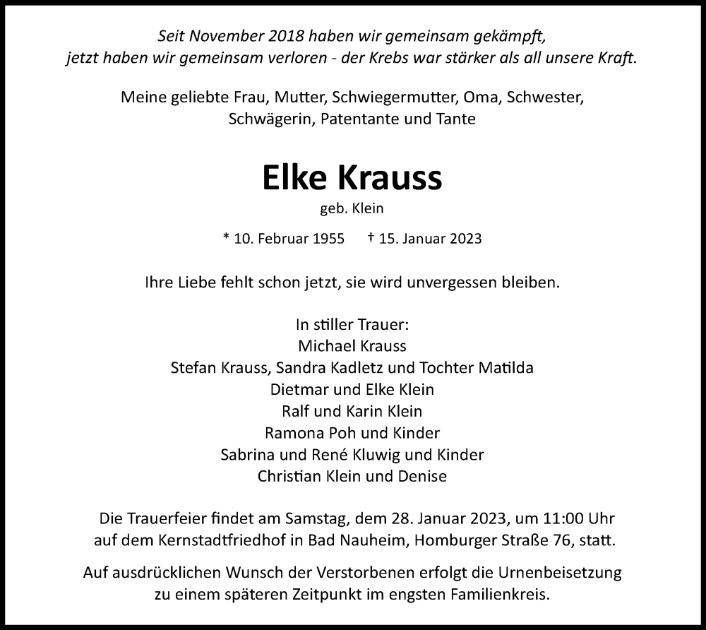 Traueranzeige für Elke Krauss vom 21.01.2023 aus Wetterauer Zeitung