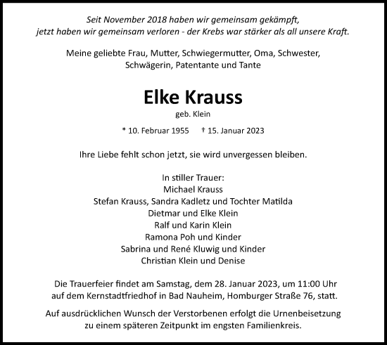Traueranzeige von Elke Krauss von Wetterauer Zeitung
