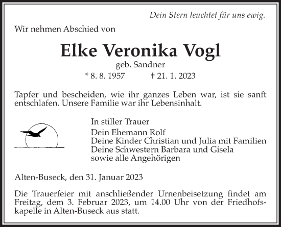 Traueranzeige von Elke Veronika Vogl von Giessener Anzeiger