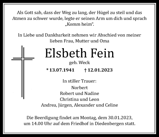 Traueranzeige von Elsbeth Fein 