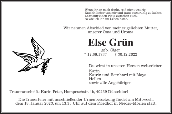 Traueranzeige von Else Grün von Wetterauer Zeitung