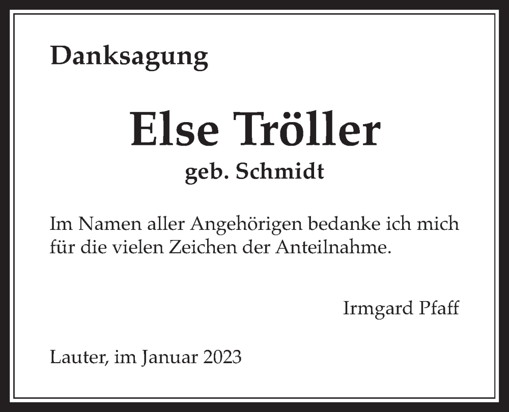  Traueranzeige für Else Tröller vom 25.01.2023 aus Laubacher Anzeiger