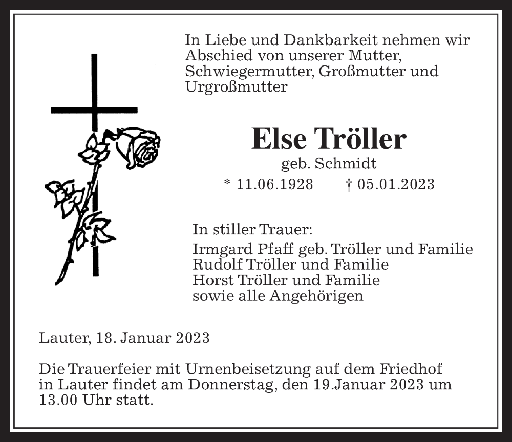  Traueranzeige für Else Tröller vom 18.01.2023 aus Laubacher Anzeiger