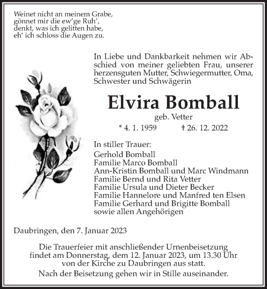 Traueranzeige von Elvira Bomball von Giessener Allgemeine, Alsfelder Allgemeine