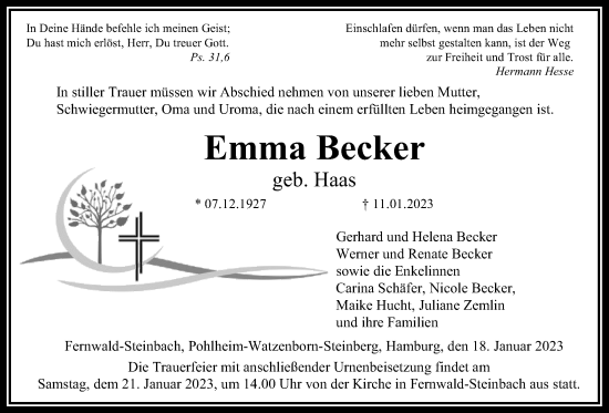 Traueranzeige von Emma Becker von Giessener Anzeiger, Giessener Allgemeine, Alsfelder Allgemeine