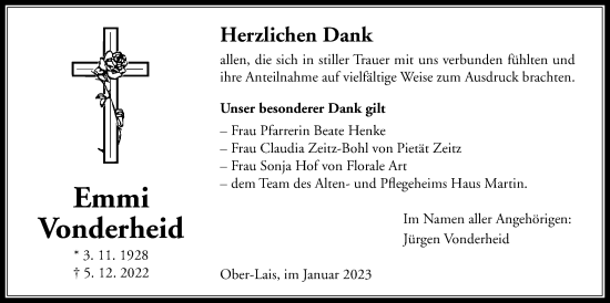 Traueranzeige von Emmi Vonderheid von Kreis-Anzeiger