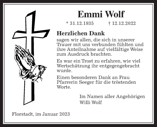 Traueranzeige von Emmi Wolf von Wetterauer Zeitung