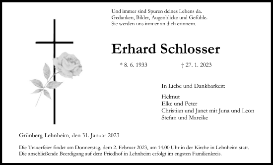 Traueranzeige von Erhard Schlosser von Giessener Allgemeine, Alsfelder Allgemeine