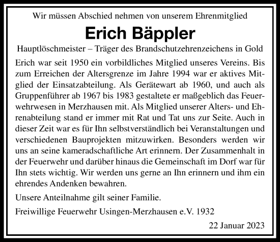 Traueranzeige von Erich Bäppler von Usinger Anzeiger