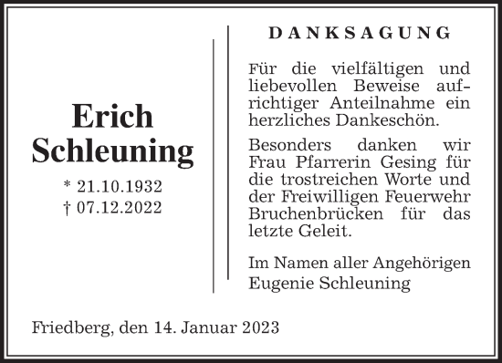 Traueranzeige von Erich Schleuning von Wetterauer Zeitung