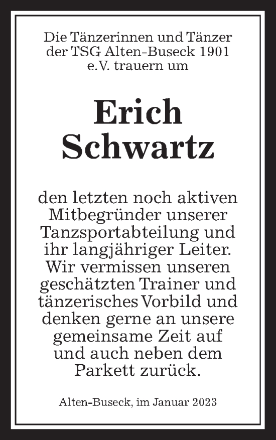 Traueranzeige von Erich Schwartz von Giessener Allgemeine, Alsfelder Allgemeine, Giessener Anzeiger