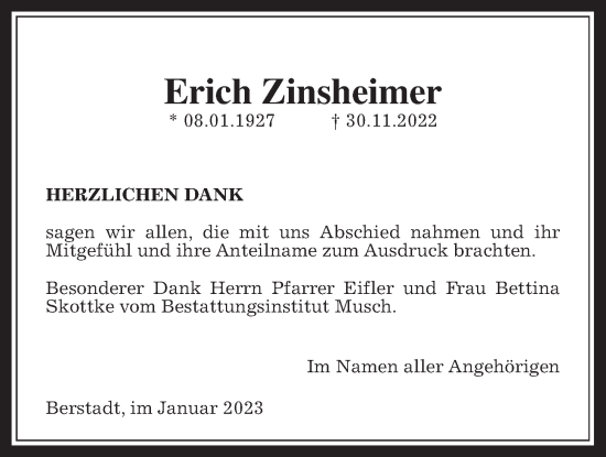 Traueranzeige von Erich Zinsheimer von Wetterauer Zeitung