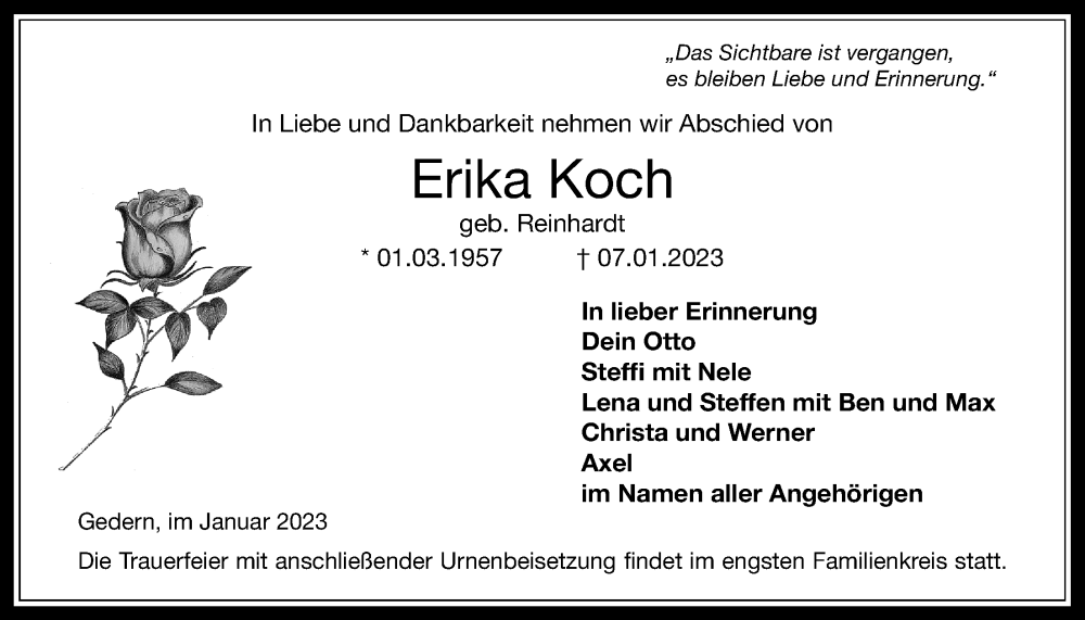  Traueranzeige für Erika Koch vom 14.01.2023 aus Kreis-Anzeiger