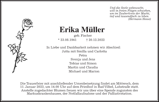 Traueranzeige von Erika Müller von Bad Vilbel/Karben