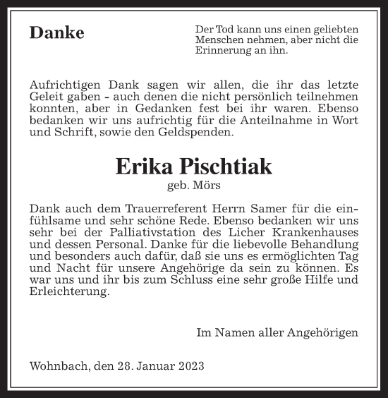 Traueranzeige von Erika Pischtiak von Wetterauer Zeitung, Giessener Allgemeine, Alsfelder Allgemeine