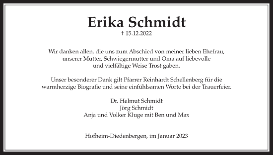 Traueranzeige von Erika Schmidt 