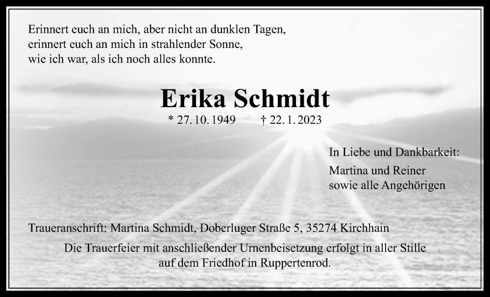  Traueranzeige für Erika Schmidt vom 25.01.2023 aus Alsfelder Allgemeine