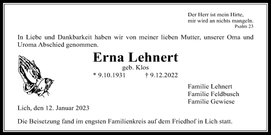 Traueranzeige von Erna Lehnert von Licher Wochenblatt, Licher Wochenblatt