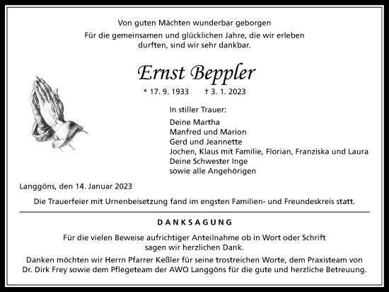 Traueranzeige von Ernst Beppler von Giessener Allgemeine, Alsfelder Allgemeine