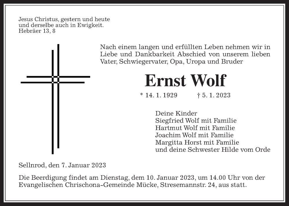  Traueranzeige für Ernst Wolf vom 07.01.2023 aus Giessener Allgemeine, Alsfelder Allgemeine