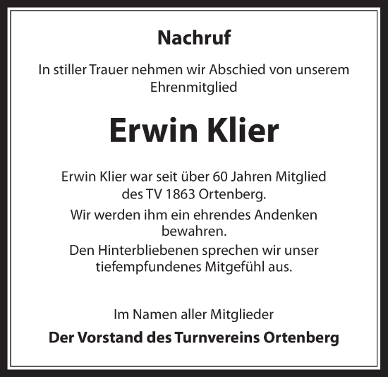 Traueranzeige von Erwin Klier von Kreis-Anzeiger