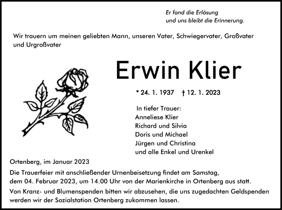 Traueranzeige von Erwin Klier von Kreis-Anzeiger